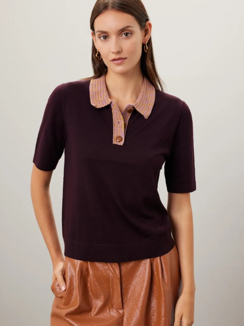 Tory Burch Crochet Knit Polo 100% Merino Wool Size XS